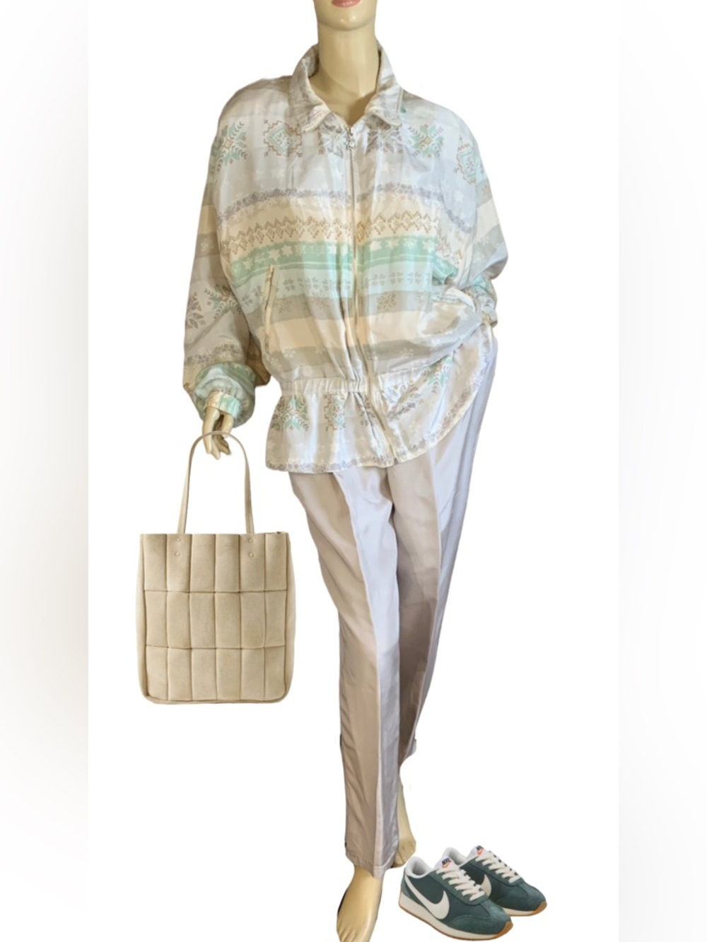 VINTAGE 1990'S SILK EAST WEST ECRU W/PASTELS MULTI PRINT TRACK SUIT NWT (L)